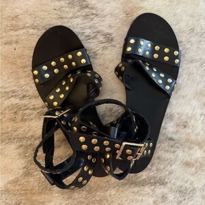 Anine Bing Gia Sandals, gold studded, black leather.